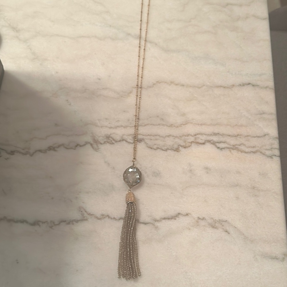 Elegant Gold Tone Tassel Necklace With Crystal